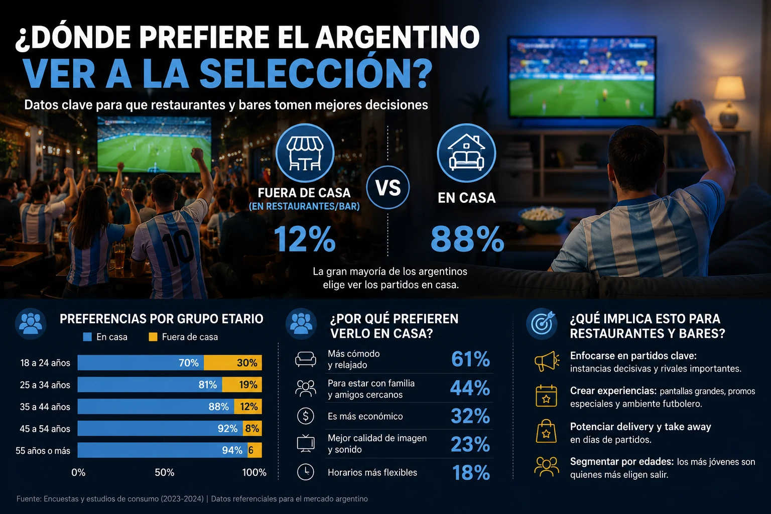 Argentinos viendo partidos en restaurantes y casas